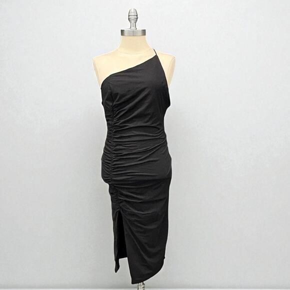 superdown Women's Black One‎ Shoulder Ruched Slit Midi Dress M - Picture 1 of 15